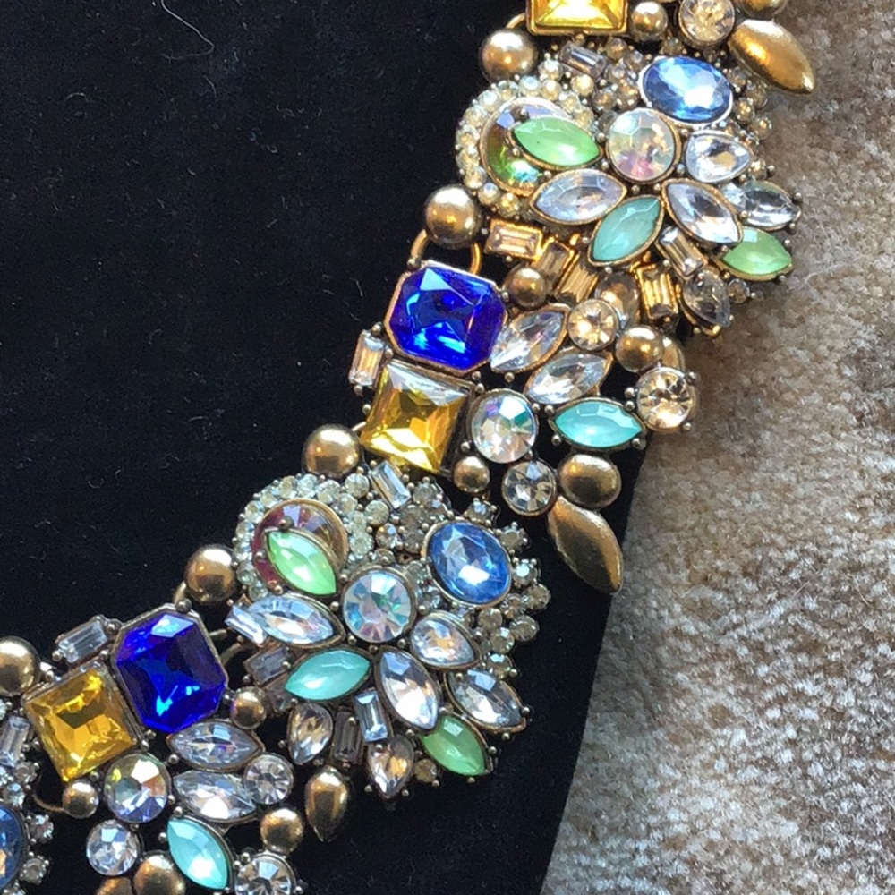 Gold Floral Crystal Collar Necklace with Blue & Green Accents - Picture 2 of 2